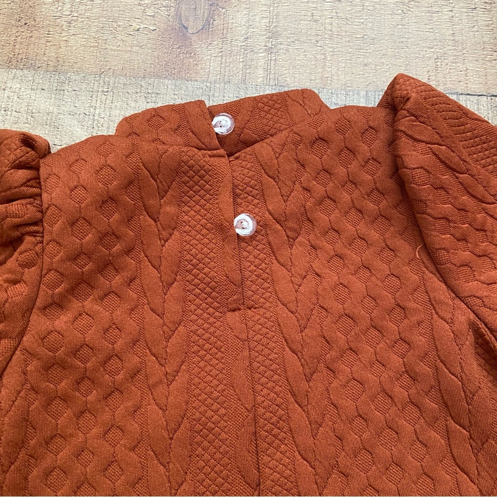 Dress Adorable Knit Rust Puff Sleeve Mock Neck Dress - Picture 6 of 10